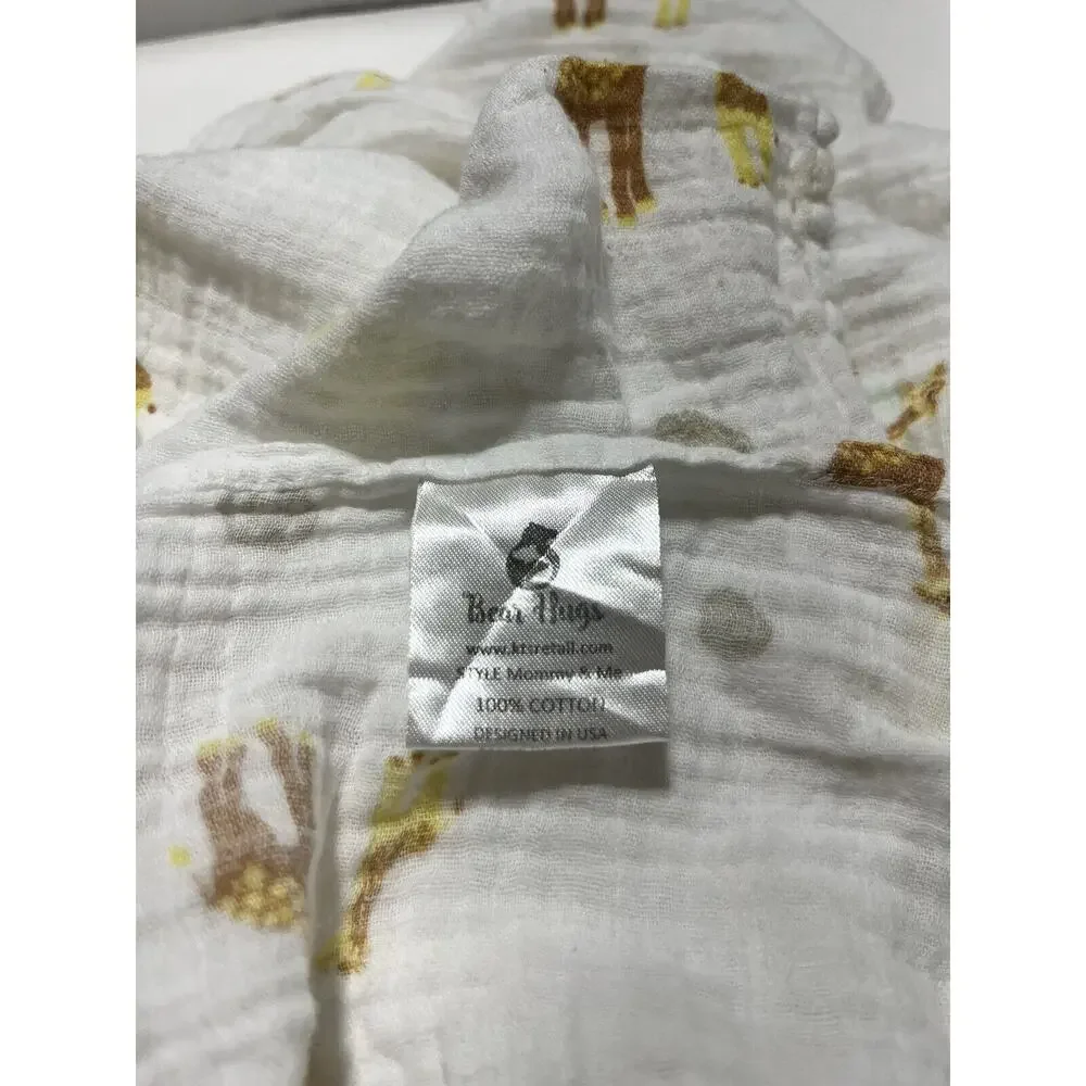 Bear Hugs Giraffe Polka Dot Muslin Swaddle Baby Blanket Yellow Gray Mommy & Me